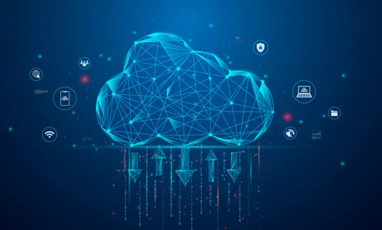 Abstract cloud computing graphic with data flow and connected icons.