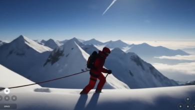 Mountaineer in red suit ascends snowy peak with rope and backpack.