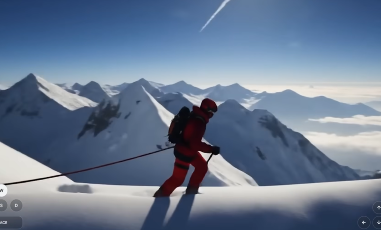 Mountaineer in red suit ascends snowy peak with rope and backpack.