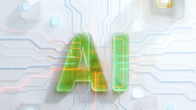 Green 'AI' letters on a white circuit board background.