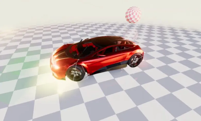 Red sports car on checkered floor with a red and white sphere in the background.