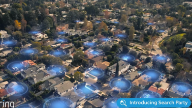 Aerial view of a suburban neighborhood with blue circles indicating Ring devices.