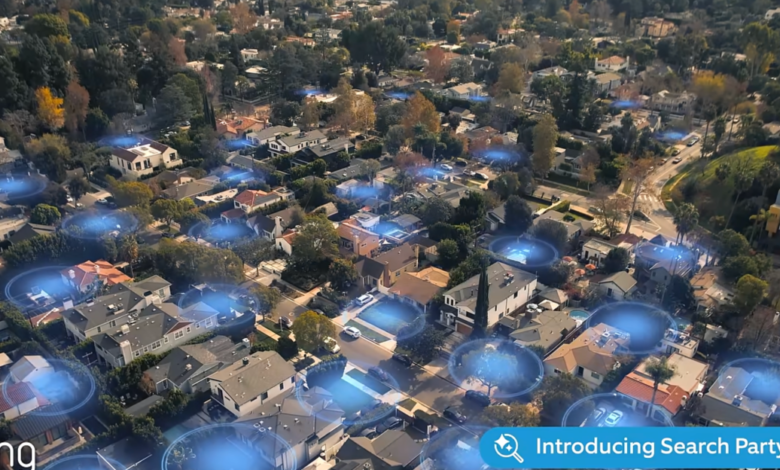 Aerial view of a suburban neighborhood with blue circles indicating Ring security coverage.