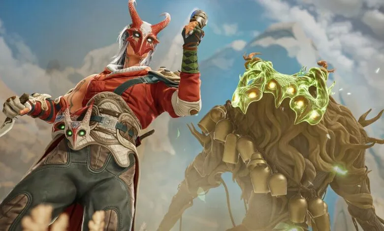 Character with horned mask faces tree-like figure in fantasy landscape.