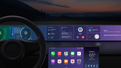 Car dashboard displaying Apple CarPlay interface with navigation, music, and weather information.