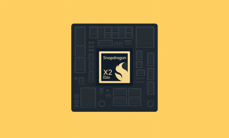 Snapdragon X2 Elite processor chip on a yellow background.