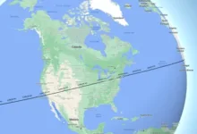Map showing a line across North America and Africa with distance markers.