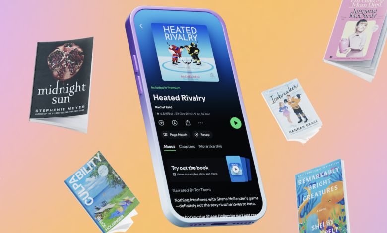 Spotify audiobook interface on phone with book covers floating around.