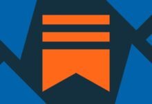 Substack logo: orange bars and banner on blue geometric background.