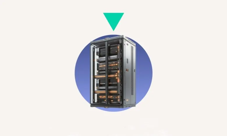 Server rack with multiple servers inside, highlighted by a blue circle.