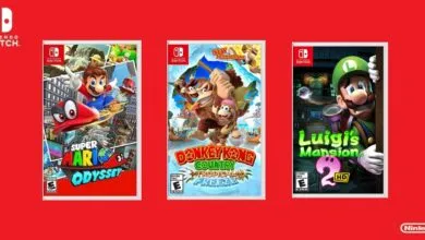 Three Nintendo Switch game cases: Super Mario Odyssey, Donkey Kong Country, and Luigi's Mansion 2.