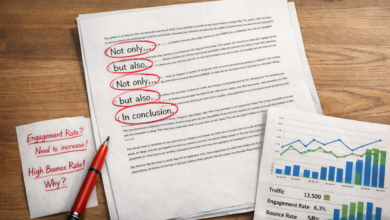 Document with highlighted text, pen, and notes about engagement rate.