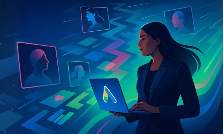 Woman using laptop with Google Ads logo, surrounded by customer profile icons.