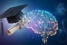 Graduation cap and diploma dissolving into a circuit board brain.