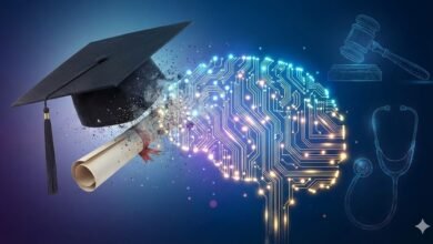 Graduation cap and diploma dissolving into a circuit board brain.