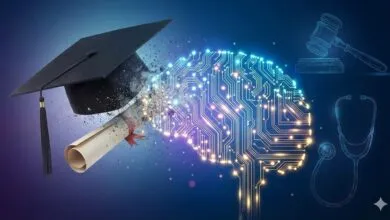 Graduation cap and diploma dissolving into a circuit board brain.