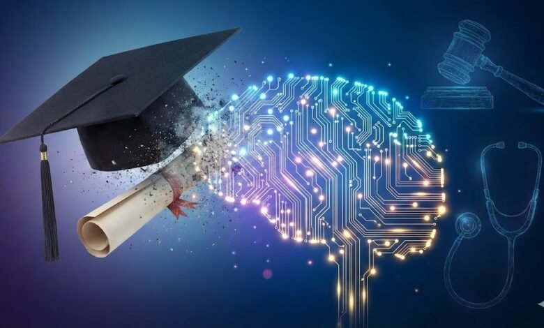 Graduation cap and diploma dissolving into a circuit board brain.