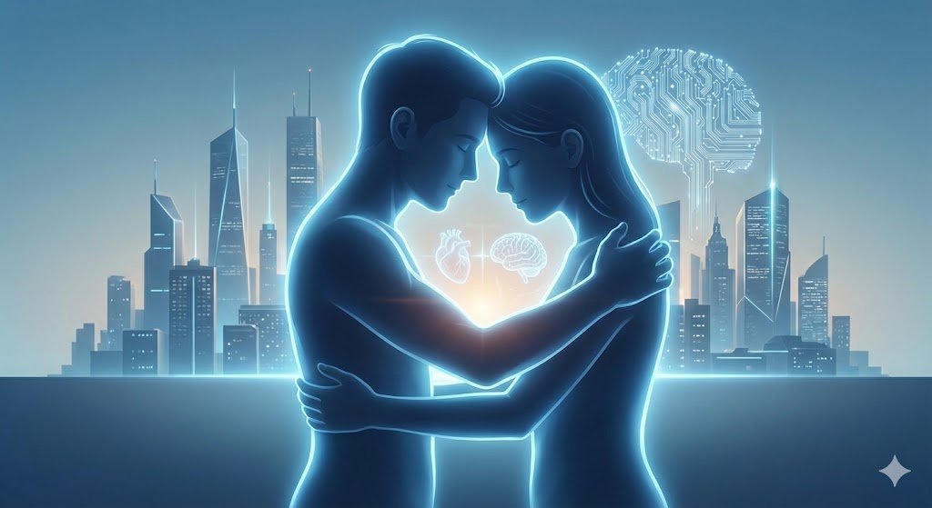 Glowing outlines of a man and woman embracing against a futuristic city backdrop.