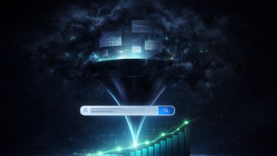 SEO funnel illustration with search bar and upward trending graph.