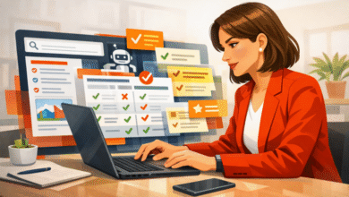 Woman in red blazer works on laptop with digital checklist on large screen.