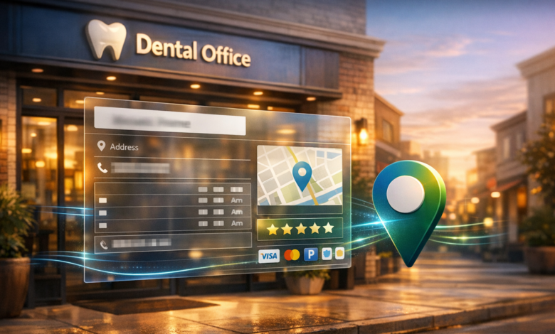 Dental office contact page overlay with map pin on street.