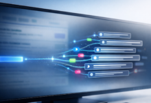 Computer screen showing data flow with colorful nodes and connected boxes.