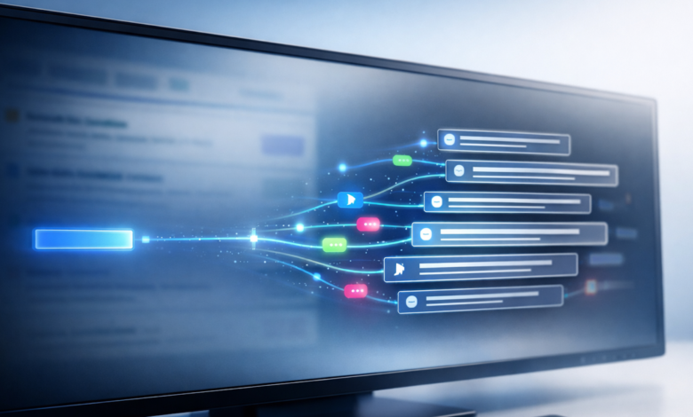 Computer screen showing data flow with colorful nodes and connected boxes.