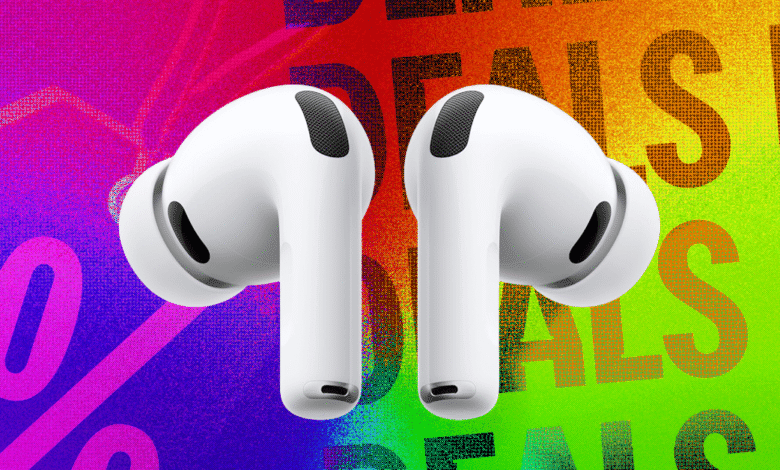 Close-up of two white AirPods Pro against a colorful 'Deals' background.