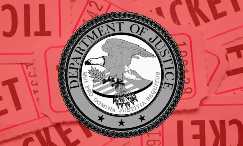 Department of Justice seal over a background of pink tickets.