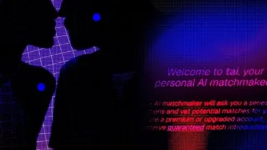 Silhouetted couple with 'tai' AI matchmaker text overlayed.