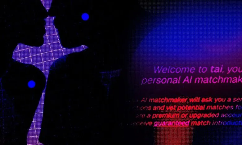 Silhouetted couple with 'tai' AI matchmaker text overlayed.