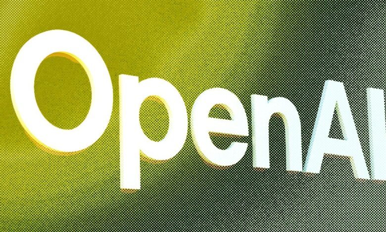 OpenAI logo in white against a textured green and black background.