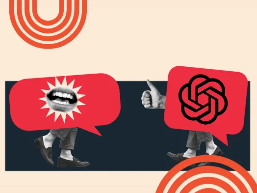 Two speech bubbles with legs, one with a mouth and the other with the ChatGPT logo.