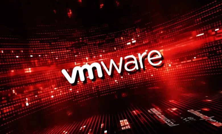 VMware logo in white against a red digital background.