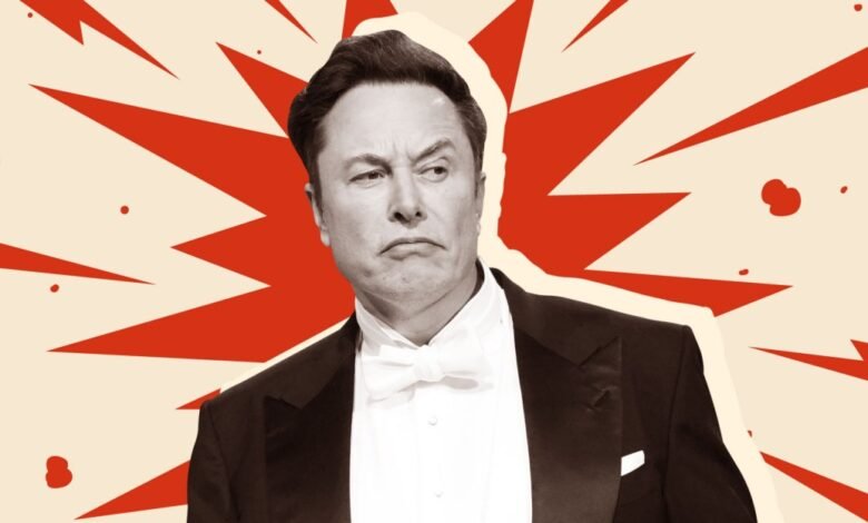 Illustration of Elon Musk in a tuxedo with a skeptical expression.