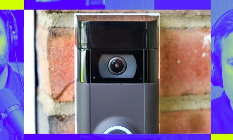 Ring doorbell camera mounted on brick wall, flanked by two men with headphones.