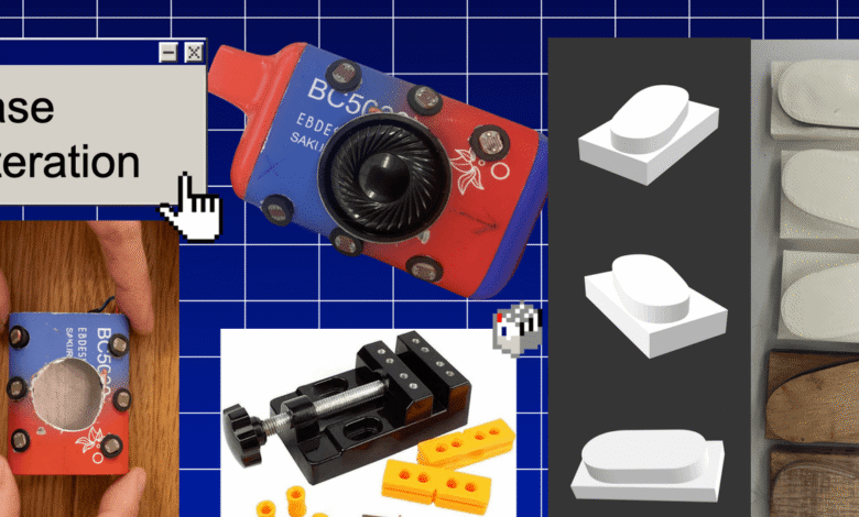 Collage showing DIY synthesizer project with case alteration and 3D printed parts.