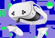 Meta Quest 3S VR headset and controllers on a vibrant, patterned background.