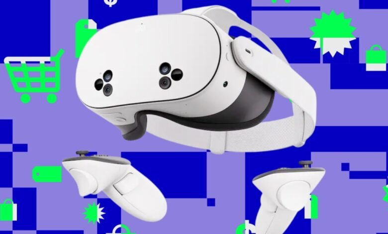 Meta Quest 3S VR headset and controllers on a vibrant, patterned background.