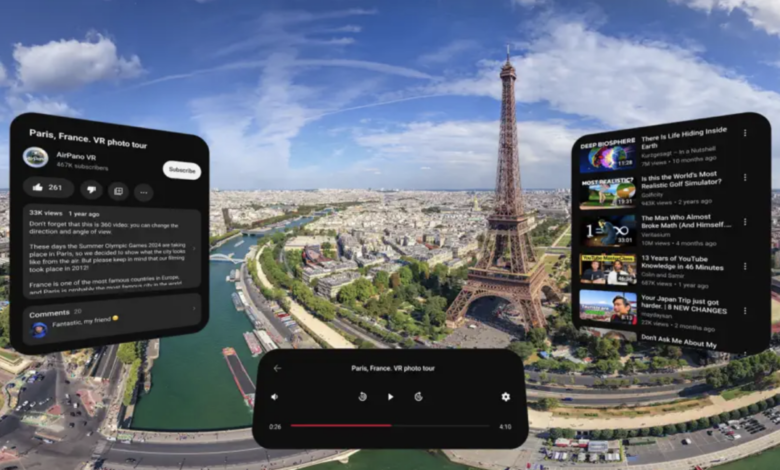 VR headset view of Paris with YouTube videos floating in the air.