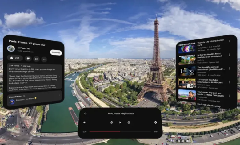 VR headset view of Paris with YouTube videos floating in the air.