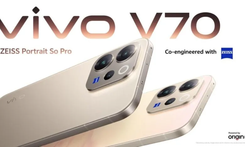 Vivo V70 smartphones with Zeiss cameras, showcasing sleek design and camera features.
