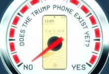 Gauge showing 'Does the Trump Phone Exist Yet?' pointing towards 'No'.
