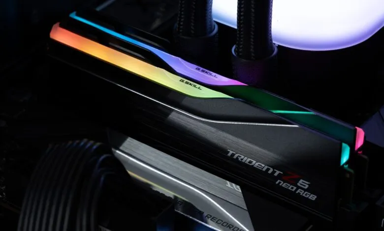 G.Skill Trident Z5 Neo RGB RAM with vibrant rainbow lighting.