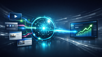Data visualization showing website traffic flowing to a growth chart.