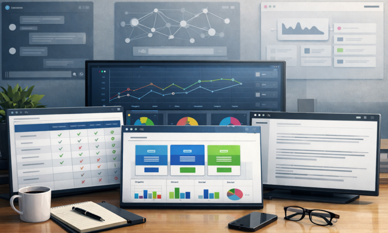Multiple screens display data analytics, charts, and project management tools.