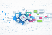 Abstract illustration of data flow with databases, connections, and web page elements.