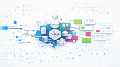 Abstract illustration of data flow with databases, connections, and web page elements.