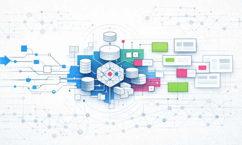 Abstract illustration of data flow with databases, connections, and web page elements.