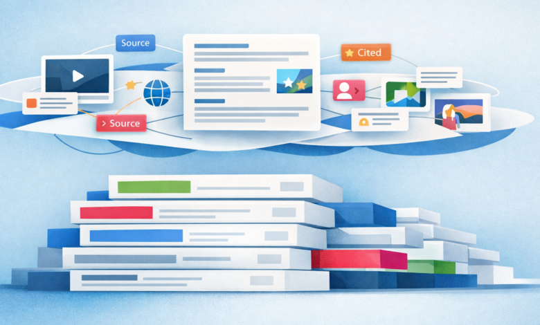 Illustration of data sources and citations connected by cloud-like network.